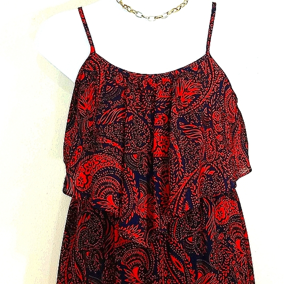 Sundress Sheer Chiffon lined red navy blue paisley Ruffled Whimsigoth Fairycore - Picture 4 of 9